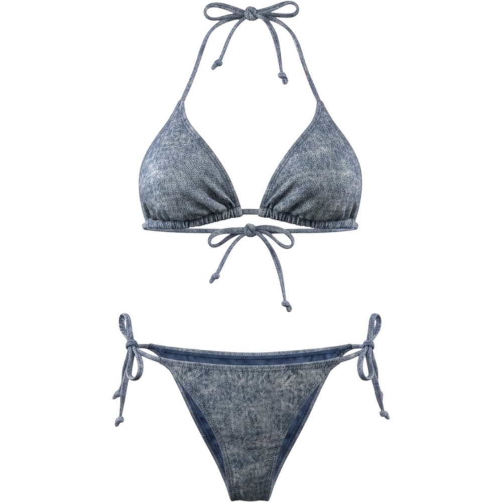 Billabong Womens Blue Acid Wash Denim Print Triangle Bikini Set Medium